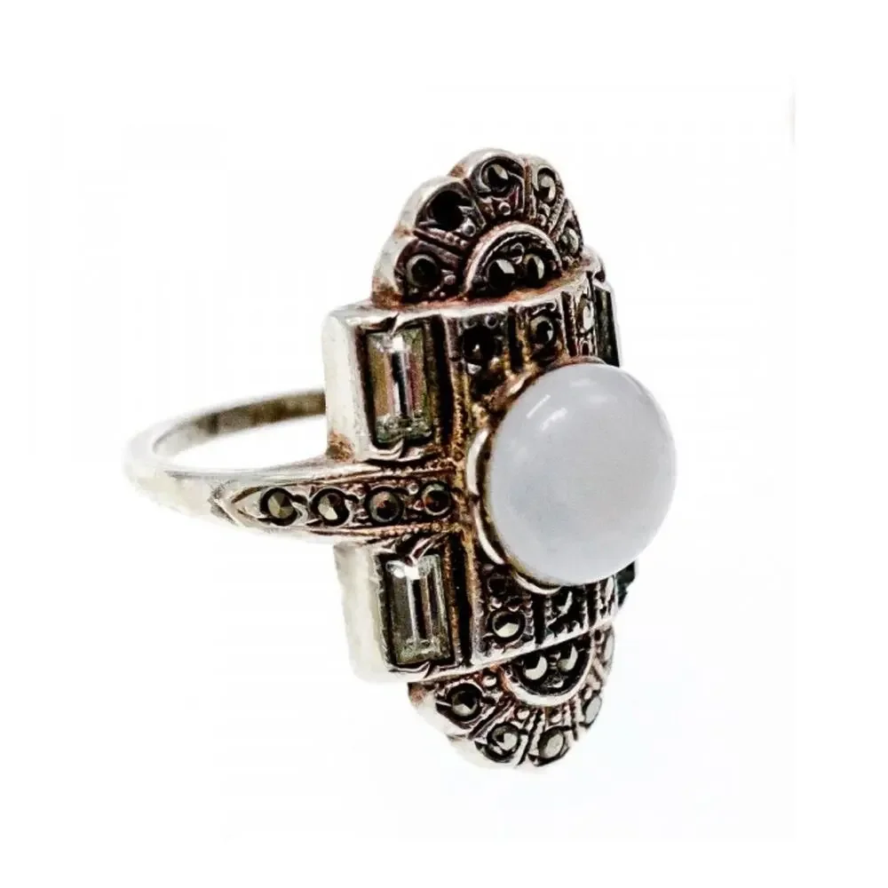 Vintage 925 Sterling Silver Agate, Goshenite & Marcasites Ring Size 5.5
